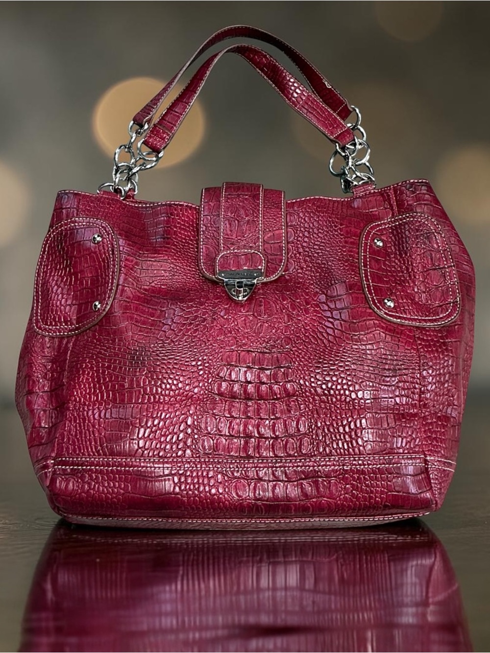 Sag Harbor Burgundy Croc-Embossed Shoulder Tote